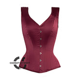 Burgundy Satin Burlesque Gothic Overbust Corset With Shoulder Strap Plus Size Bustier Top