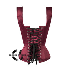 Burgundy Satin Burlesque Gothic Overbust Corset With Shoulder Strap Bustier Top