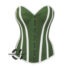Olive Green Cotton With White Stripes Burlesque Gothic Overbust Corset Plus Size Bustier Top