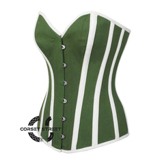 Olive Green Cotton With White Stripes Burlesque Gothic Overbust Corset Bustier Top
