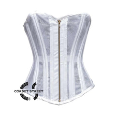White Satin With Mesh Burlesque Gothic Overbust Corset Bustier Top