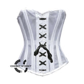 White Satin With Mesh Front Black Lace Double Bone Burlesque Gothic Overbust Corset Plus Size Bustier Top