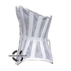 White Satin With Mesh Front Black Lace Double Bone Burlesque Gothic Overbust Corset Plus Size Bustier Top