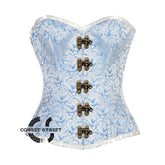 Blue And White Brocade Front Antique Clasps Burlesque Gothic Overbust Corset Bustier Top