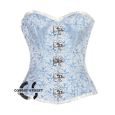 Blue And White Brocade Front Silver Clasps Burlesque Gothic Overbust Plus Size Corset Bustier Top