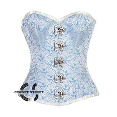 Blue And White Brocade Front Silver Clasps Burlesque Gothic Overbust Plus Size Corset Bustier Top