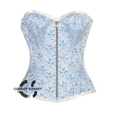 Blue And White Brocade Silver Zip Burlesque Gothic Overbust Corset Bustier Top