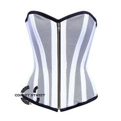 White Satin With Mesh Front Zip Double Bone Burlesque Gothic Overbust Plus Size Corset Bustier Top
