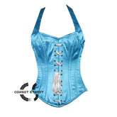 Baby Blue Satin With Shoulder Strap Burlesque Overbust Corset Bustier Top