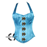 Baby Blue Satin With Shoulder Strap Front Clasp Burlesque Overbust Corset Bustier Top