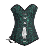 Green And Black Brocade Longline Front Lace Gothic Corset Burlesque Overbust Costume Plus Size Bustier Top