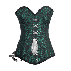 Green And Black Brocade Longline Front Lace Gothic Corset Burlesque Overbust Costume Plus Size Bustier Top