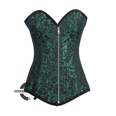 Green And Black Brocade Longline Front zipper Gothic Corset Burlesque Overbust Plus Size Costume