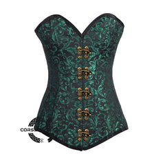 Green And Black Brocade Longline Corset Burlesque Overbust Costume Plus Size Bustier Top