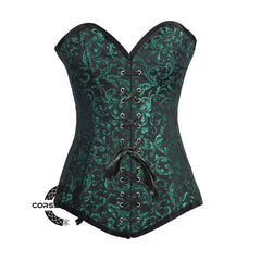 Green And Black Brocade Longline Front Lace Gothic Corset Burlesque Overbust Bustier Top