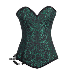 Green And Black Brocade Longline Front Lace Gothic Corset Burlesque Overbust Bustier Top
