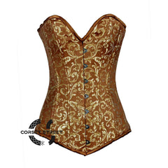 Brown And Golden Brocade Long Burlesque Gothic Overbust  Corset Bustier Top