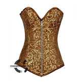 Brown And Golden Brocade Long Front Zipper Burlesque Gothic Overbust Plus Size Corset