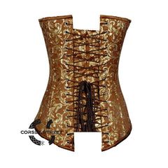 Brown And Golden Brocade Long Front Zipper Burlesque Gothic Overbust Corset