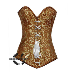 Brown And Golden Brocade Longline Front Lace Burlesque Gothic Overbust Corset Plus Size Bustier Top