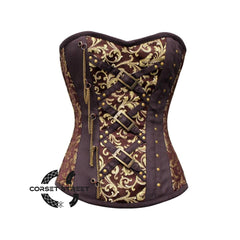 Brown And Golden Brocade Burlesque Gothic Overbust Corset Plus Size Bustier Top