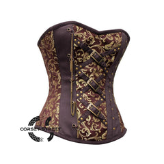 Brown And Golden Brocade Burlesque Gothic Overbust Corset Plus Size Bustier Top