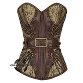 Brown And Golden Brocade Leather Belt Steampunk Waist Training Overbust Corset Plus Size Bustier Top