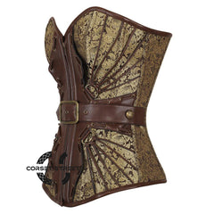 Brown And Golden Brocade Leather Belt Steampunk Waist Training Overbust Corset Bustier Top