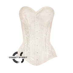 Ivory Brocade Longline Gothic Burlesque Waist Training Overbust Corset Bustier Top