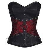 Red and Black Brocade Leather Belt Overbust Corset Top