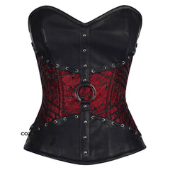 Red and Black Brocade Leather Belt Overbust Corset Top