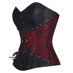 Red and Black Brocade Leather Belt Overbust Corset Top