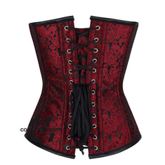 Red and Black Brocade Leather Belt Overbust Corset Top