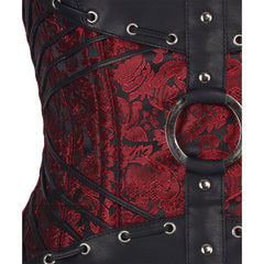 Red and Black Brocade Leather Belt Overbust Corset Top