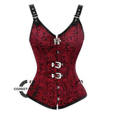 Red and Black Brocade Leather Shoulder Strap Steampunk Sexy Waist Training Overbust Corset Bustier Top