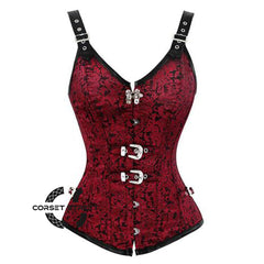 Red and Black Brocade Leather Shoulder Strap Steampunk Sexy Waist Training Overbust Corset Bustier Top