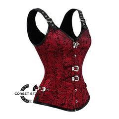Red and Black Brocade Leather Shoulder Strap Steampunk Sexy Waist Training Overbust Corset Bustier Top