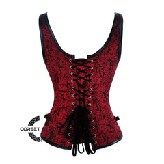 Red and Black Brocade Leather Shoulder Strap Steampunk Sexy Waist Training Overbust Corset Bustier Top