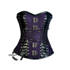 Purple And Black Brocade Leather Steampunk Waist Training Overbust Corset Bustier Top