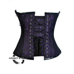 Purple And Black Brocade Leather Steampunk Waist Training Overbust Corset Bustier Top