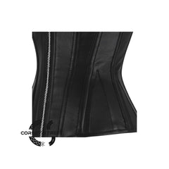Black Faux Leather Front Zipper Steampunk Waist Training Overbust Corset Bustier Top