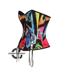 Plus Size Multi Printed Satin With Front Lace Overbust Costume Waist Cincher Cosplay Corset