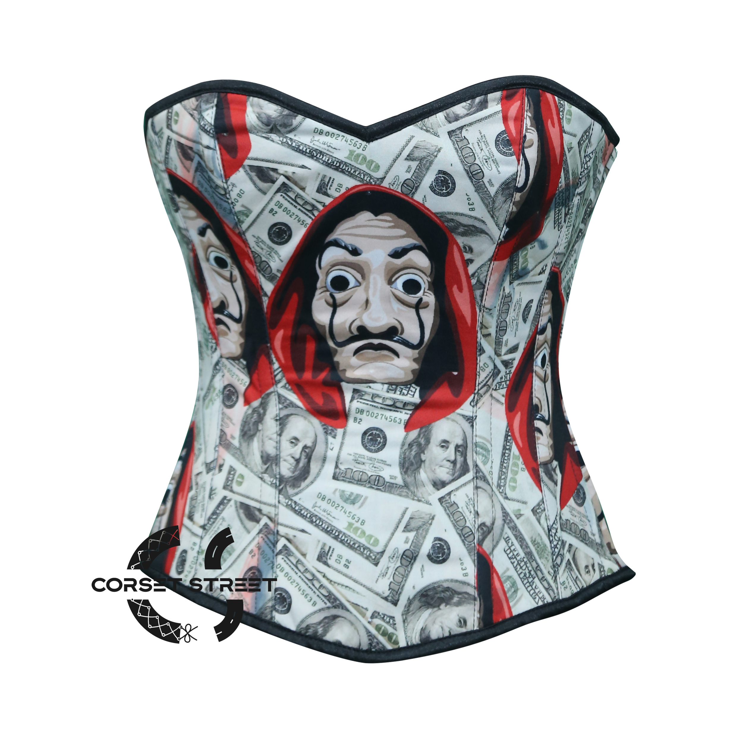 Dollars with Money Heist Halloween Mask Printed Satin Overbust Corset  – Corset Street