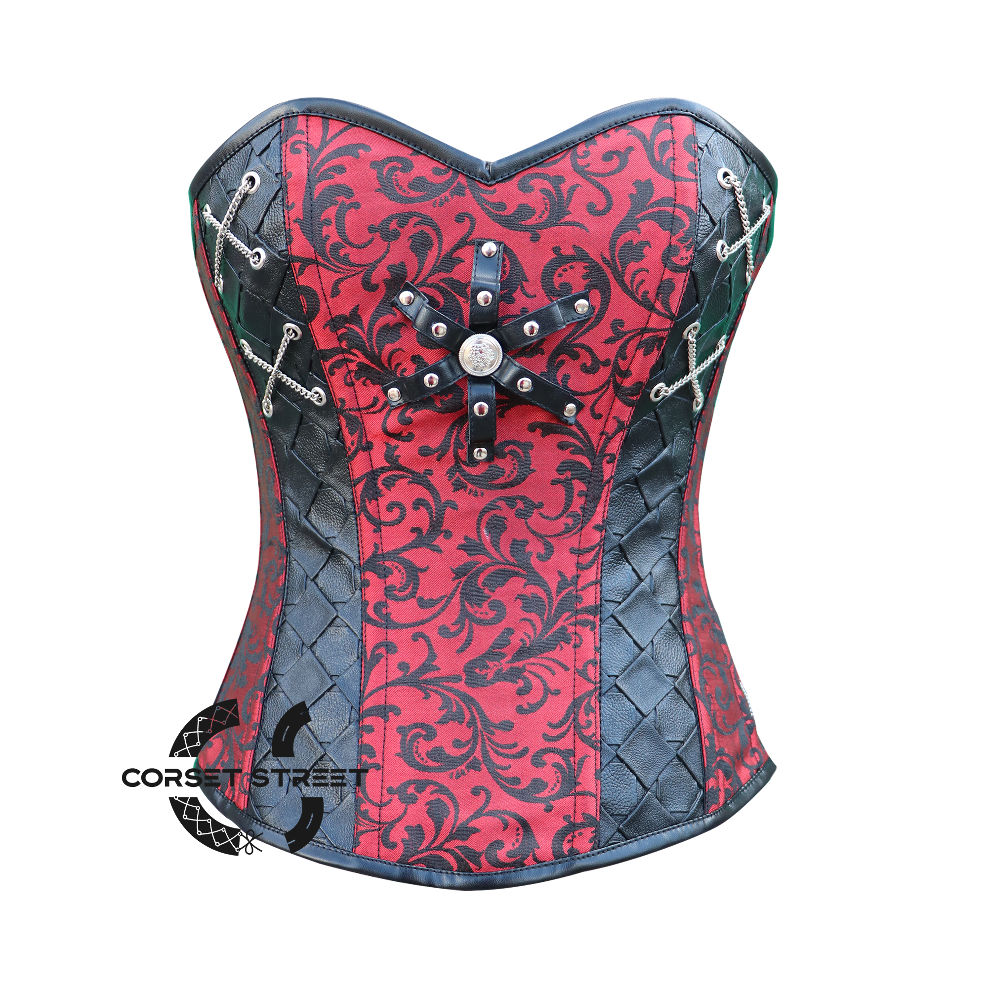 Red and Black Brocade Steampunk Leather Gothic Costume for Halloween Overbust Corset Top