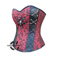 Red and Black Brocade Steampunk Leather Gothic Costume for Halloween Overbust Corset Top
