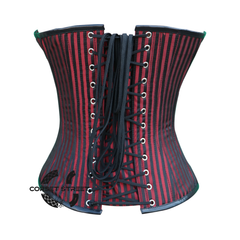 Red And Black Brocade Gothic Front Zipper Leather Overbust Corset Halloween Top