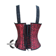 Plus Size Red And Black Brocade Halloween Corset with Shoulder Strap Overbust Top