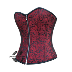 Plus Size Red Black Brocade Reversible Corset Steampunk Zipper Halloween Overbust Top