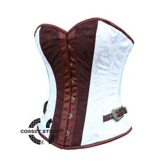 Brown And White Brocade Burlesque Gothic Costume Overbust Corset Overbust Top