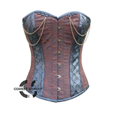 Brown Brocade With Leather Steampunk Costume for Halloween Overbust Corset Top